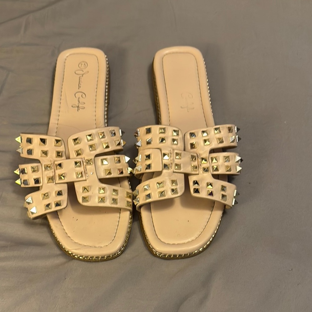 Cream Slide Sandals with Decorative Straps